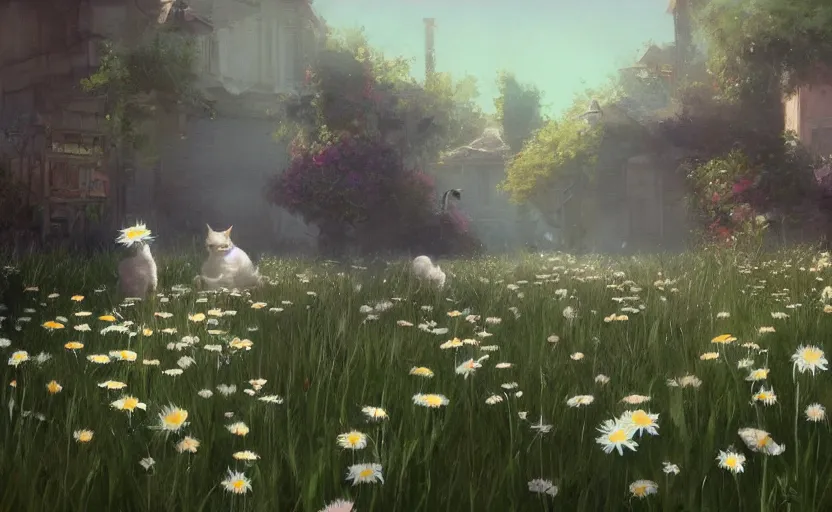 Image similar to cats and daisies, painting by craig mullins, octane rendering, soft morning lighting, wide angle lens, in the style of hayao miyazaki, trending on artstation,