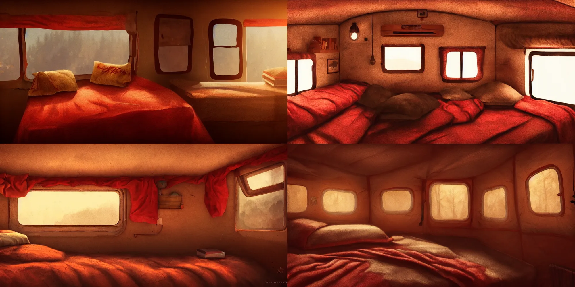 Prompt: old camper interior, bed with blankets, pillows, red and brown interior, golden hour, western, dust, nostalgic, godrays, soft lighting, digital art, cozy, highly detailed, trending on artstation