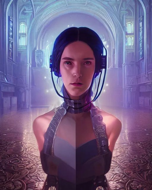 Prompt: highly detailed surreal vfx portrait of a female cyberpunk mage in a majestic castle by golden tree, stephen bliss, unreal engine, greg rutkowski, loish, rhads, beeple, makoto shinkai and lois van baarle, ilya kuvshinov, rossdraws, tom bagshaw, alphonse mucha, global illumination, detailed and intricate environment