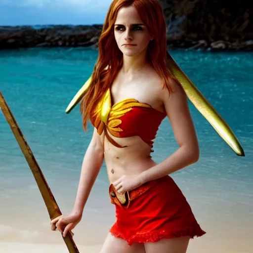 Prompt: a full body photo of emma watson as nami from one piece holding a trident in one hand, award winning photography, 50 mm, perfect faces.