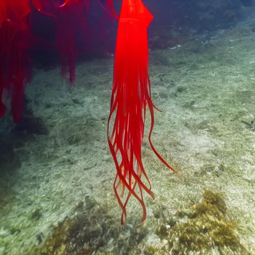 Image similar to a beautiful translucent red cellophane jellyfish in a translucent cellophane kelp forest