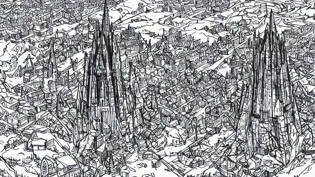 Prompt: aerial view centered on a wizard tower that's surrounded by mountains, lineart, colored