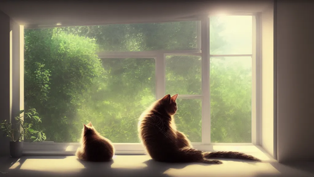 Image similar to beautiful peaceful dreamy painting of a content cat sitting by a window and looking outside, sunshine coming through the window, small plants on the window sill, 8k, hyper realism, trending on artstation, octane render