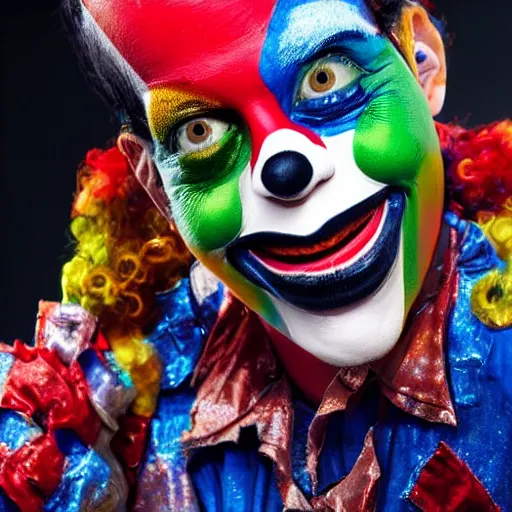 Image similar to uhd candid photo of a robot clown wearing bizarre clown makeup, with accurate face, intricate clown costume, uhd, studio lighting, correct face, photo by annie leibovitz