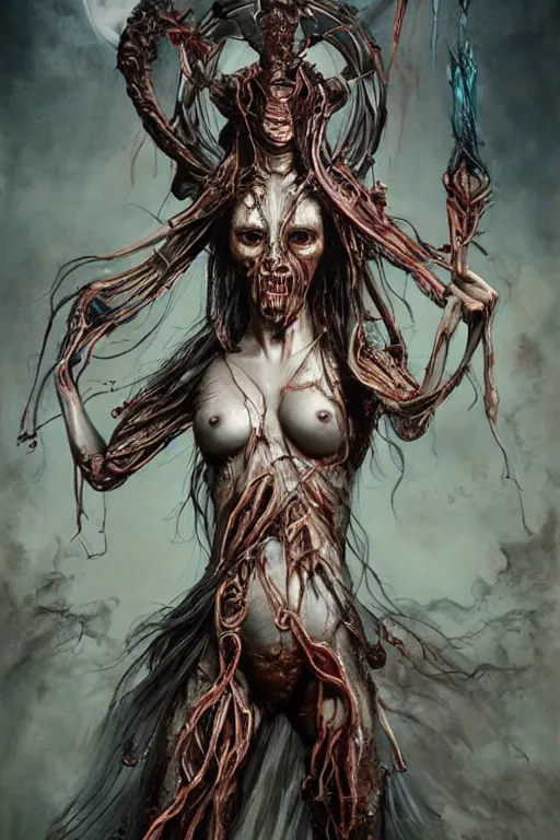 Image similar to an epic goddess with 4 arms holding a ceremonial athame in the air,beautiful and terrifying,melting,sinew,full character design,8k,by Stanley Artgermm,Tom Bagshaw,Gerald Brom,Carne Griffiths,Ron English,Linsey Levendall,Giger,trending on DeviantArt,face enhance,hyper detailed,minimalist,horror,full of colour,cinematic,dynamic lighting