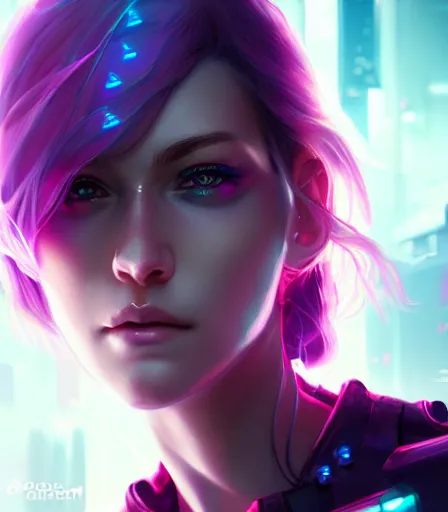 Image similar to beautiful portrait of a cyberpunk goddess who looks like Corinna Kompf , character design by charlie bowater, ross tran, artgerm, and makoto shinkai, detailed, soft lighting, rendered in octane