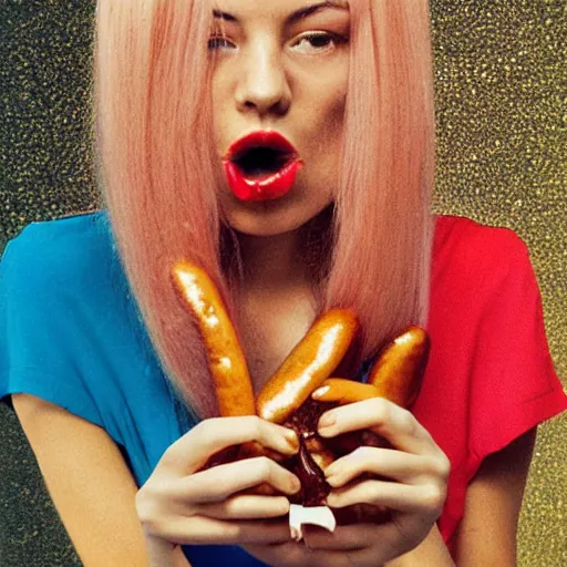 Prompt: a fashion model curls her hair using hot dogs. surreal photograph, toiletpaper magazine, 3 5 mm photograph, by pierpaolo ferrari, maurizio cattelan