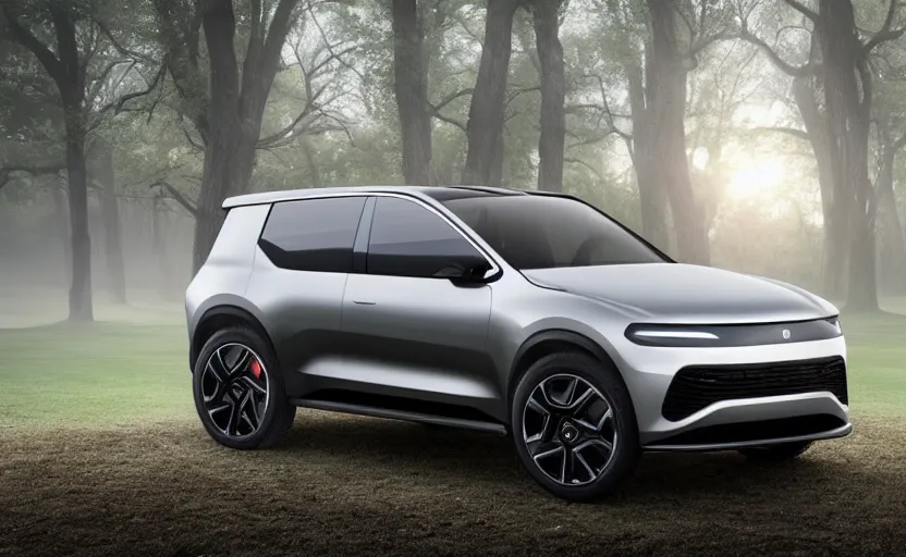 Image similar to the electric suv honma will release soon, outdoor product photography on a golf course, fog, very besautiful ambient light, sun rays