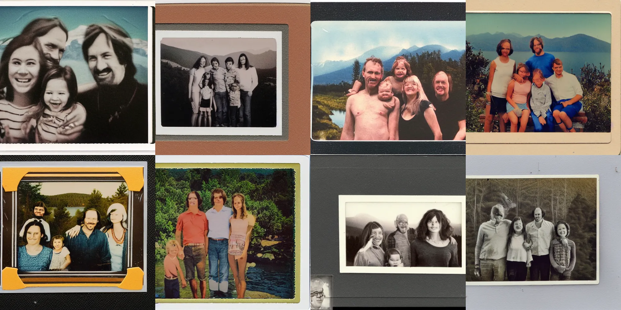 Prompt: family portrait of very happy creepy ugly realistic family, lake mountain landscape , family laughter, hyper detailed realistic polaroid 1975