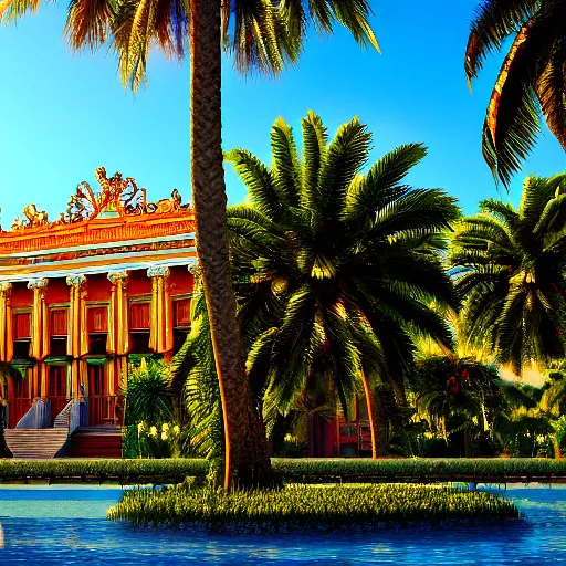 Image similar to a ultradetailed beautiful photo of the amazonas palace, trending on artstation, mediterranean, palm trees, light sparkles, sharp focus, soft light, 8 k 4 k