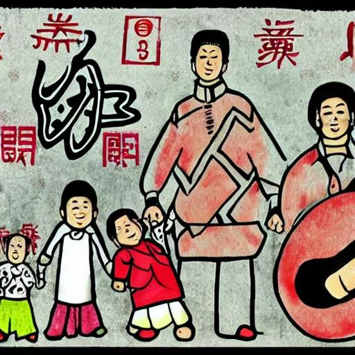 Prompt: a uyghur family in a prison, in the style of daniel johnston and outsider art, 4k, overlaid with chinese text