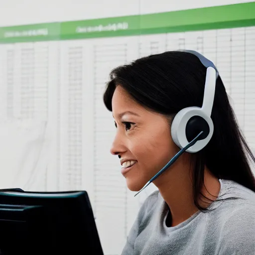 Image similar to woman wearing headset in sit infront computer talking with customers. work from office. photo, digital camera photo.