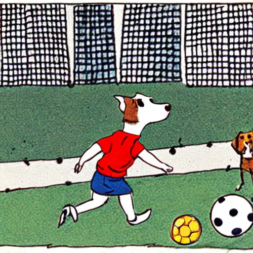 Image similar to book illustration of a french boy on the streets of paris playing football against a corgi, the dog is wearing a polka dot scarf, 1 9 6 6