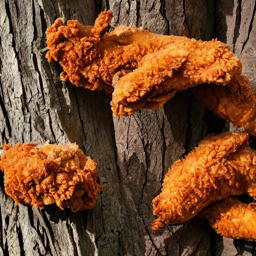 Prompt: Fried chicken nailed to a tree, high definition photography, professional