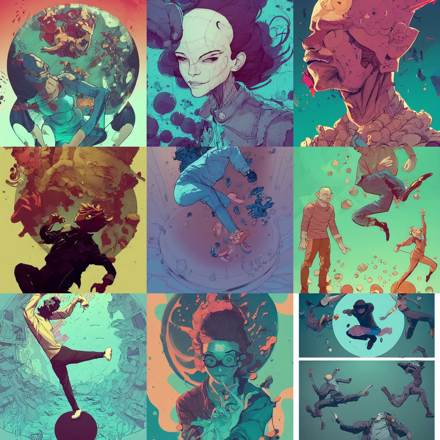 Prompt: cell shaded headspin brekdance, llustration, concept art by josan gonzales and wlop, by james jean, victo ngai, david rubin, mike mignola, laurie greasley, highly detailed, sharp focus, logo trending on artstation, hq, deviantart, art by artgem
