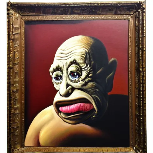 Image similar to oil painting with black background by christian rex van minnen robert williams todd schorr of a portrait of an extremely bizarre disturbing mutated man with acne intense chiaroscuro lighting perfect composition masterpiece