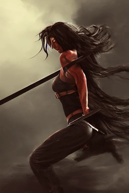 Image similar to female ninja warrior, dark clothes, wielding katana, wind in the hair, overcast weather, digital concept art, heavily detailed, realistic, ariel perez, trending on artstation