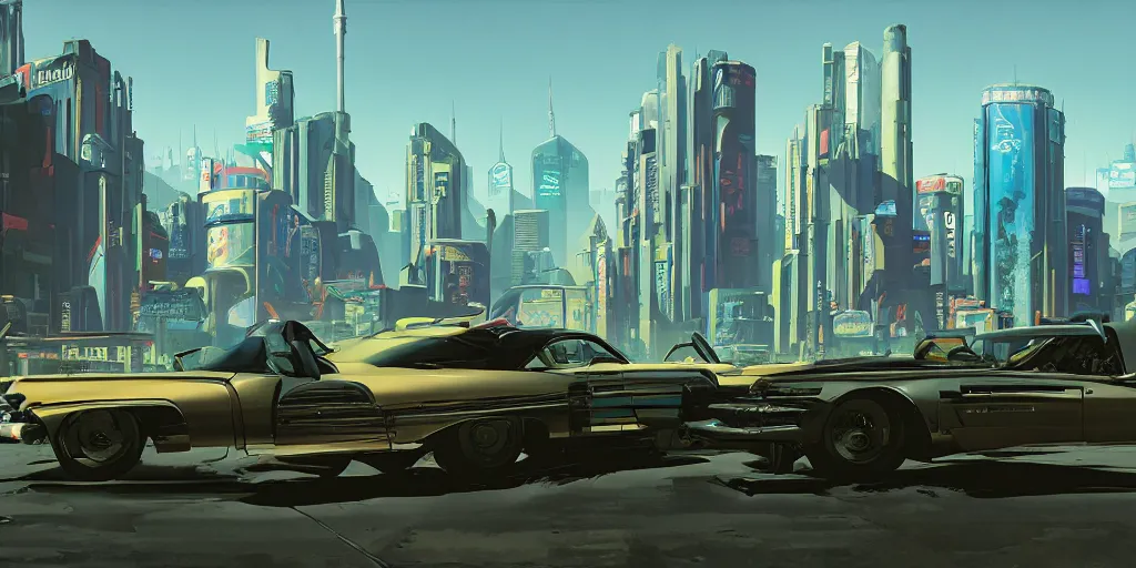 Image similar to art style by Ben Aronson and Edward Hopper and Syd Mead, wide shot view of the Cyberpunk 2077, on ground level.