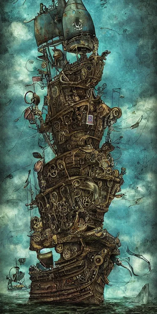 Prompt: a detailed digital painting of a steampunk pirate ship by alexander jansson