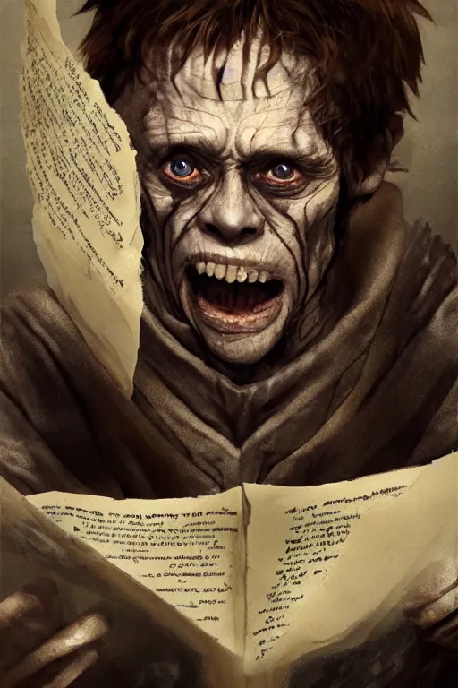 Prompt: A deranged tiny filthy halfling looking like Willem Dafoe wearing long dark damaged ripped robes showing a magic paper scroll, camera looking down upon, long fingernails, unclipped fingernails, sharp fingernails, focus on face, sharp focus, digital painting, trending on artstation, concept art, fantasy, medieval