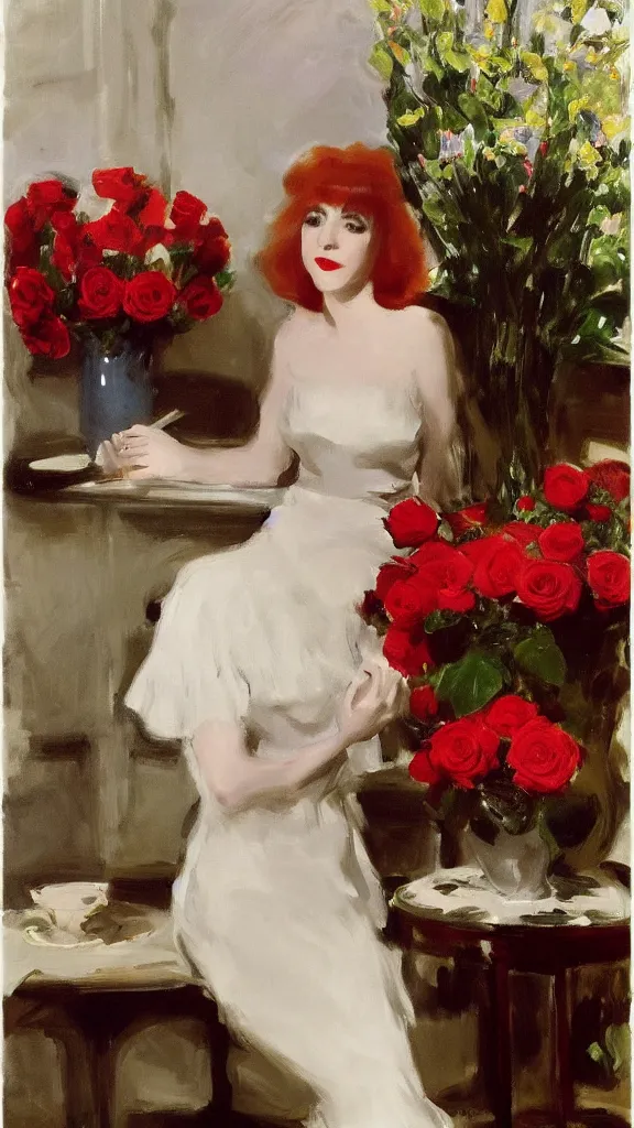 Image similar to beautiful young julee cruise in lace dress beside a pot of red roses set near a persian pot by john singer sargent