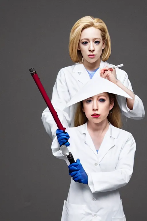 Image similar to elizabeth holmes as a psychopath nurse holding a giant syringe, cosplay, studio lighting, marvel, villainess