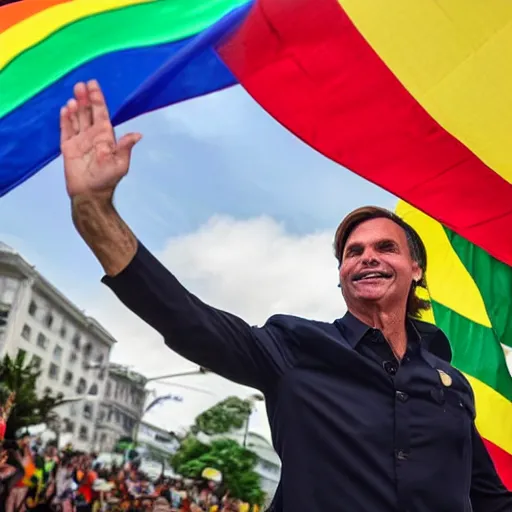 Image similar to photograph of president jair bolsonaro waving a rainbow flag at a pride parade