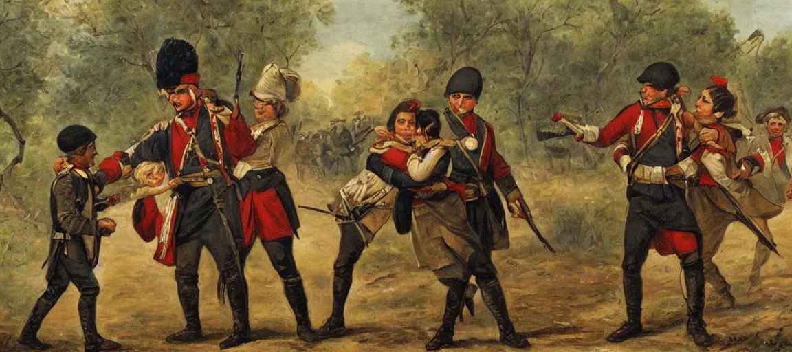 Image similar to american revolutionary painting of a french soldier protecting an indian girl and a british boy.