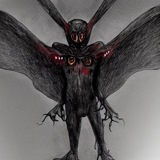 Prompt: a realistic character design of the mothman, creepy, horror vibe