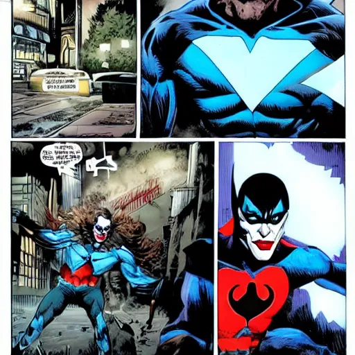 Prompt: nightwing battling the joker on the dark streets of gotham city, stormy rain and lightning ultra real,