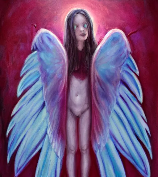 Image similar to the pale decaying beautiful girl with the most evil glowing wings, evil realm painting