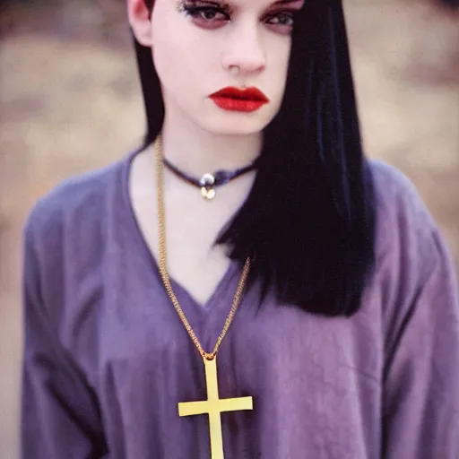 Image similar to medium shot, color slide Kodak Ektachrome E100, studio photographic portrait of a young, attractive, gorgeous, friendly, amicable, pale, porcelain looking skin, goth girl, wears a Steel Coptic Ankh Cross Religious Pendant Necklace, casual black clothes, golden hour, Nikon camera, 75mm lens, f/2.8 aperture, HD, hi-res, hi resolution, deep depth of field, sharp focus, rich deep moody colors, masterpiece image, intricate, realistic, elegant, highly detailed, Shutterstock, Curated Collections, Sony World Photography Awards, Pinterest, by Annie Leibovitz