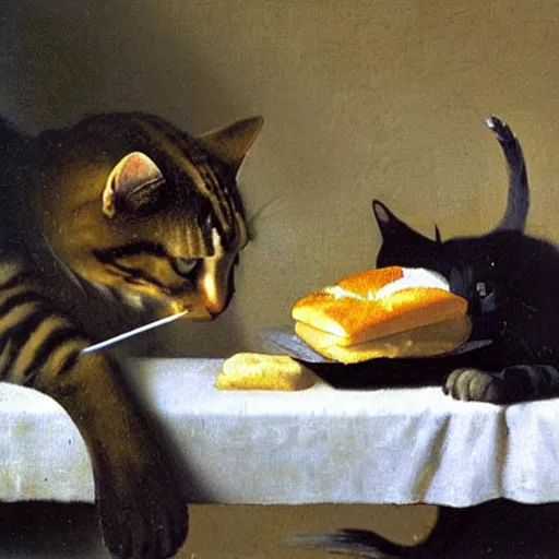 Image similar to A oil painting of a close up shot of cat eating a single sandwich by Johannes Vermeer