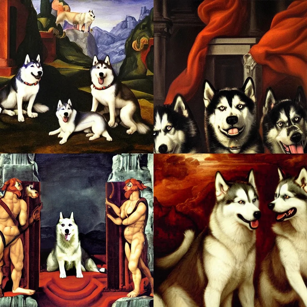 Prompt: a husky with three heads guarding the gates of hell, oil painting by michaelangelo
