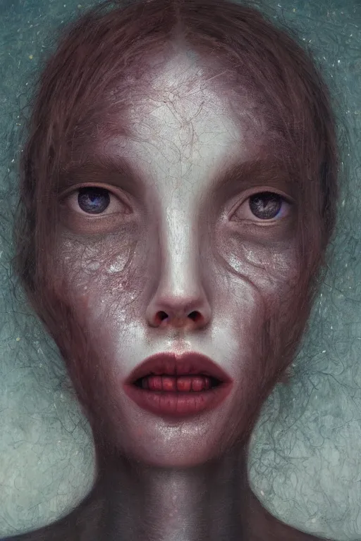 Image similar to woman's face close up portrait, eyes shut, third eye open, chakra energy waves resonating from her body, ethereal aura, epic surrealism 8k oil painting, portrait, perspective, high definition, post modernist layering, by Sean Yoro, Gerald Brom