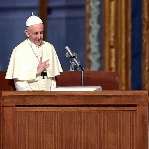 Image similar to ariana grande as a pope giving speech