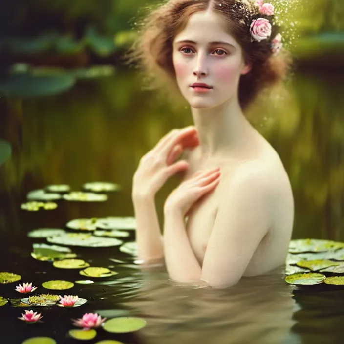 Image similar to Kodak Portra 400, 8K, soft light, volumetric lighting, highly detailed, britt marling style 3/4 ,portrait photo of a beautiful woman how pre-Raphaelites painter, the face emerges from the water of a pond with water lilies, julie dillon, a beautiful lace dress and hair are intricate with highly detailed realistic beautiful flowers , Realistic, Refined, Highly Detailed, natural outdoor soft pastel lighting colors scheme, outdoor fine art photography, Hyper realistic, photo realistic