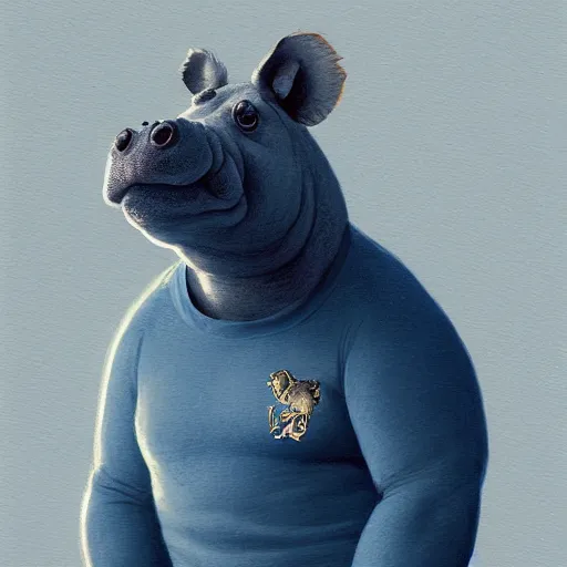 Image similar to a award winning commission portrait of a fit anthro hippo wearing a blue tracksuit,digital art,art by greg rutkowski,character design by charles bowater,detailed face,hyperdetailed,photorealistic,artstation,deviantart,4k,western comic art,sharp,high definition