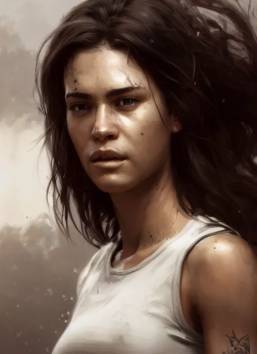 Prompt: epic portrait cinematic shot an female survivor wearing a white t shirt and a military vest, flowing hair, sweaty skin, fine details. night setting. realistic shaded lighting poster by craig mullism, artgerm, jeremy lipkin and michael garmash, unreal engine, radiant light, detailed and intricate environment, digital art, trending on art station,