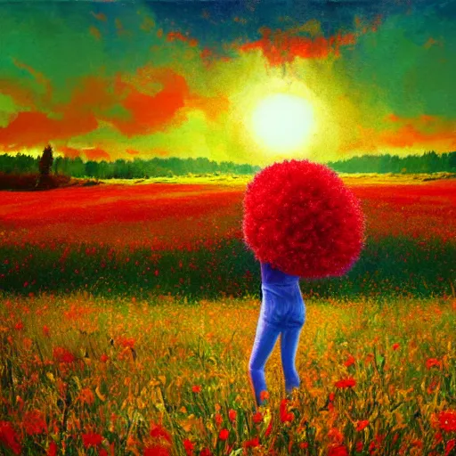 Image similar to giant red flower afro, girl standing in a field with flowers, surreal photography, hills, big trees, sunrise dramatic light, impressionist painting, colorful clouds, digital painting, pointillism, artstation, simon stalenhag