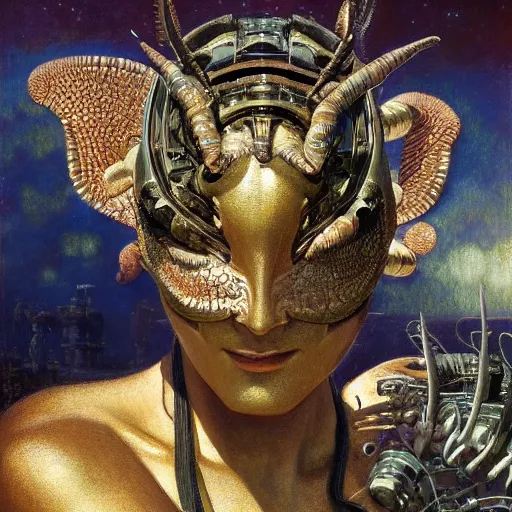 Image similar to highly detailed portrait of a robotic chameleon mecha, painting by gaston bussiere, craig mullins, j. c. leyendecker, lights, art by ernst haeckel, john william godward, hammershøi,