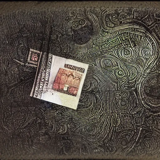 Prompt: microphotography of bank note, intaglio, ink details