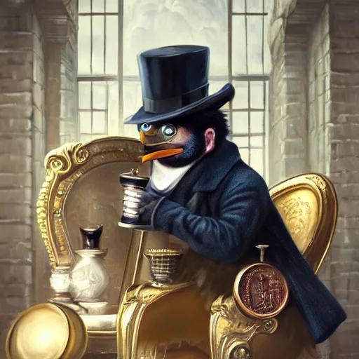 Image similar to oil painting of grumpy rich steampunk penguin, sitting in fancy chair, wearing top hat, looking at gold coin, steampunk factory background, sharp focus, fantasy style, octane render, volumetric lighting, 8k high definition, by greg rutkowski, highly detailed, trending on art Station, magic the gathering artwork, centered