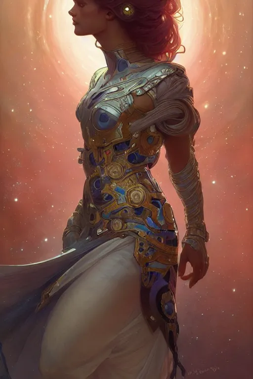 Image similar to epic portrait an space goddess, fantasy, elegant, intricate, full frontal shot, highly detailed, digital painting, artstation, concept art, sharp focus, illustration, art by artgerm and greg rutkowski and alphonse mucha