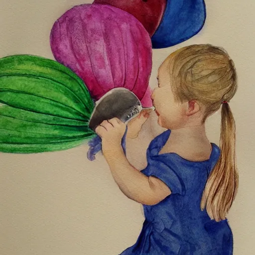 Prompt: 3 year old blonde girl in pigtails looking down at iphone, pencil and watercolor on white by eloise wilkin