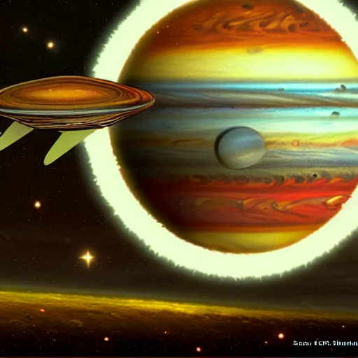 Prompt: a mouse with clockwork wings flying past Jupiter, Don Bluth