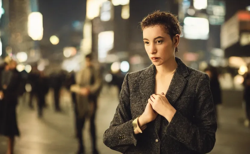 Prompt: a wide shot of a woman with a wool suit, short hair, blurred face, wearing an omega speedmaster on her wrist in front of a crowded dystopian city at night with cyberpunk lights