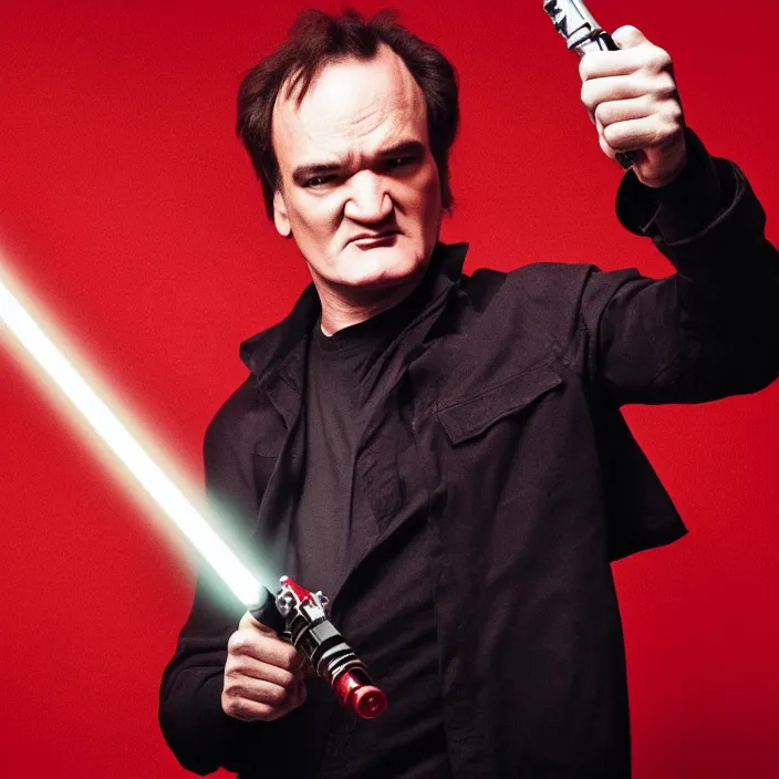 Image similar to quentin tarantino raising a lightsaber with his right hand, giving thumbs up with his left hand. without characters. red and black background. cinematic trailer format.