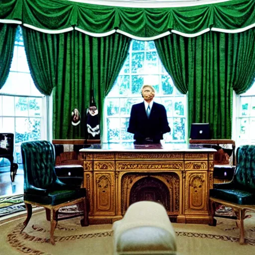 Prompt: the oval office, completely covered in green slime