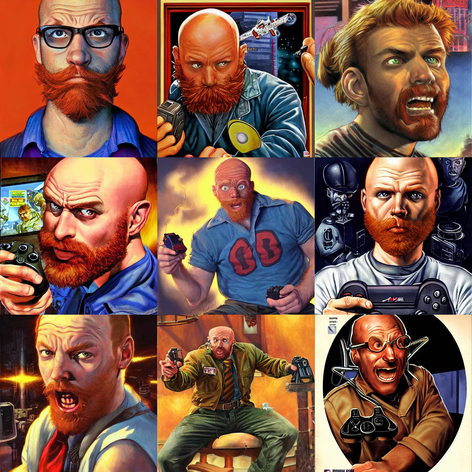 Prompt: Scruffy bald ginger boy, plays videogames, streaming on twitch, by Joe Jusko, Dramatic aRt,